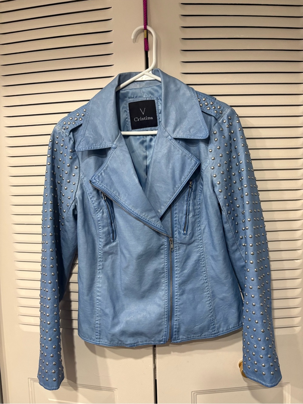 V Cristina Powder Blue Studded Faux Leather Moto Jacket